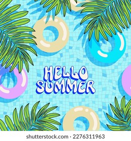 Vector Hello Summer greeting card. Y2K style modern Memphis 90s psychedelic postcard. Surface design illustration. Colorful summertime backdrop. Simple flat swimming pool background