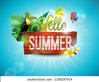 Vector Hello Summer Holiday typographic illustration with toucan bird on vintage wood background. Tropical plants, flower and air balloon with blue sky. Design template for banner, flyer, invitation - Shutterstock ID 1100247914