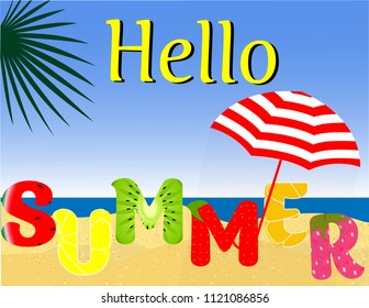 Vector Hello Summer Holiday typographic illustration with tropical plants, fruits, flowers. Eps 10 design.