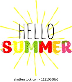 Vector Hello Summer Holiday typographic illustration with tropical plants, fruits, flowers. Eps 10 design.