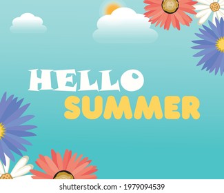 Vector Hello Summer Holiday typographic illustration on vintage wood background. Tropical plants, flower, beach ball, air balloon and sunshade with blue sky