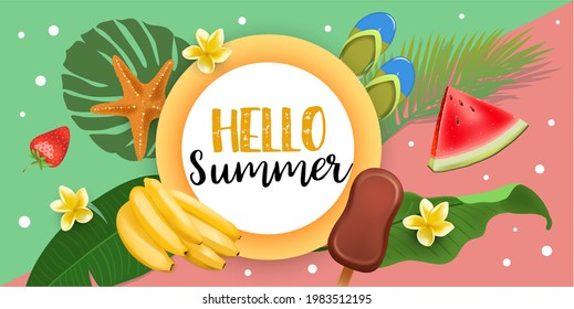 Vector Hello Summer Holiday ilustración tipográfica con hojas de palma tropicales, flor frangipani, sandía, helado, plátanos. Banner de anuncio web