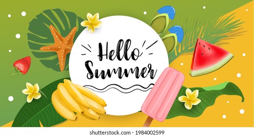 Vector Hello Summer Holiday typographic illustration with tropical palm leaves, frangipani flower, watermelon, ice cream, bananas. Web ad banner