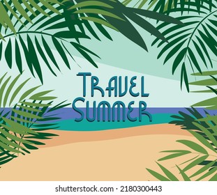 Vector Hello Summer Holiday ilustración tipográfica sobre fondo de madera vintage. Plantas tropicales, flor, bola de playa, globo de aire y sombrilla con cielo azul. Plantilla de diseño para banner, volante
