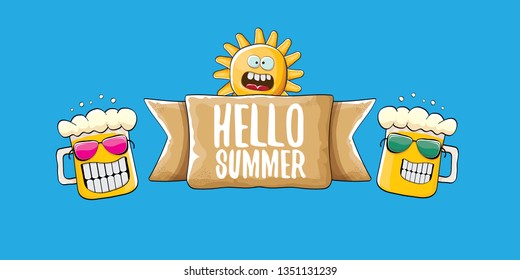 vector hello summer horizontal banner with cartoon funky beer glass character and summer sun isolated on blue sky background. Funny cartoon smiling friends