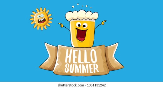 vector hello summer horizontal banner with cartoon funky beer glass character and summer sun isolated on blue sky background. Funny cartoon smiling friends