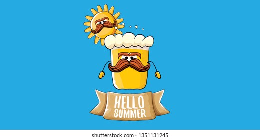 vector hello summer horizontal banner with cartoon funky beer glass character and summer sun isolated on blue sky background. Funny cartoon smiling friends