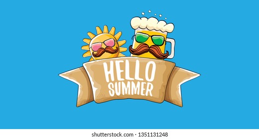 vector hello summer horizontal banner with cartoon funky beer glass character and summer sun isolated on blue sky background. Funny cartoon smiling friends