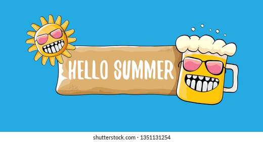 vector hello summer horizontal banner with cartoon funky beer glass character and summer sun isolated on blue sky background. Funny cartoon smiling friends