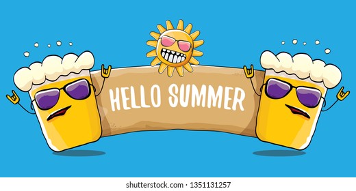 vector hello summer horizontal banner with cartoon funky beer glass character and summer sun isolated on blue sky background. Funny cartoon smiling friends