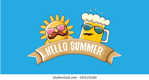 vector hello summer horizontal banner with cartoon funky beer glass character and summer sun isolated on blue sky background. Funny cartoon smiling friends