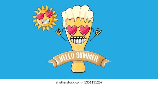 vector hello summer horizontal banner with cartoon funky beer glass character and summer sun isolated on blue sky background. Funny cartoon smiling friends