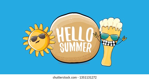 vector hello summer horizontal banner with cartoon funky beer glass character and summer sun isolated on blue sky background. Funny cartoon smiling friends