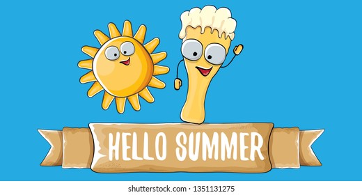 vector hello summer horizontal banner with cartoon funky beer glass character and summer sun isolated on blue sky background. Funny cartoon smiling friends