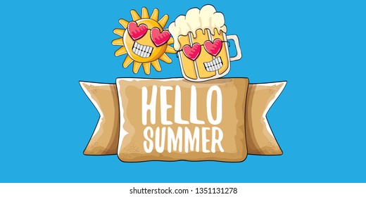 vector hello summer horizontal banner with cartoon funky beer glass character and summer sun isolated on blue sky background. Funny cartoon smiling friends