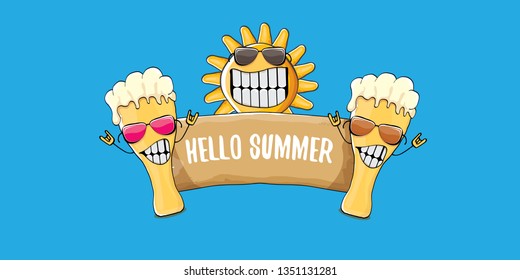 vector hello summer horizontal banner with cartoon funky beer glass character and summer sun isolated on blue sky background. Funny cartoon smiling friends