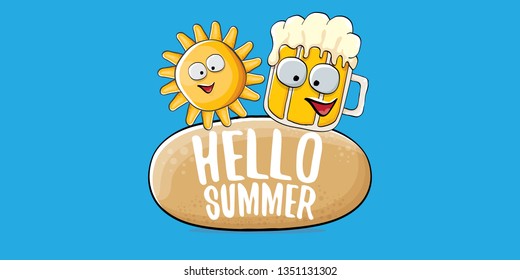 vector hello summer horizontal banner with cartoon funky beer glass character and summer sun isolated on blue sky background. Funny cartoon smiling friends