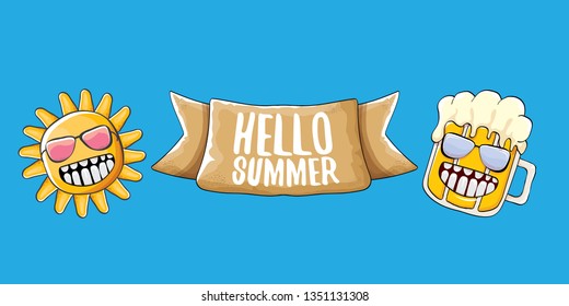 vector hello summer horizontal banner with cartoon funky beer glass character and summer sun isolated on blue sky background. Funny cartoon smiling friends