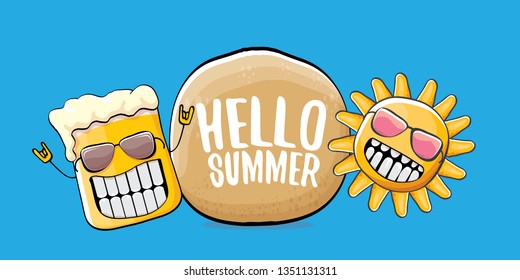 vector hello summer horizontal banner with cartoon funky beer glass character and summer sun isolated on blue sky background. Funny cartoon smiling friends