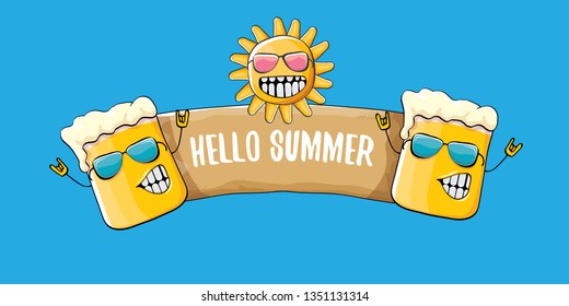 vector hello summer horizontal banner with cartoon funky beer glass character and summer sun isolated on blue sky background. Funny cartoon smiling friends