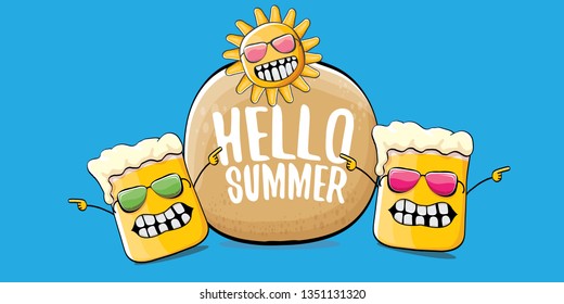 vector hello summer horizontal banner with cartoon funky beer glass character and summer sun isolated on blue sky background. Funny cartoon smiling friends