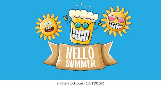 vector hello summer horizontal banner with cartoon funky beer glass character and summer sun isolated on blue sky background. Funny cartoon smiling friends