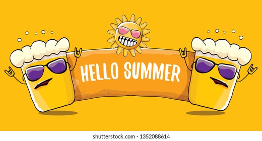 vector hello summer horizontal banner with cartoon funky beer glass character and summer sun isolated on orange background. Funny cartoon smiling friends