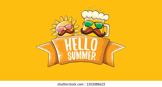 vector hello summer horizontal banner with cartoon funky beer glass character and summer sun isolated on orange background. Funny cartoon smiling friends