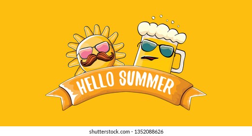 vector hello summer horizontal banner with cartoon funky beer glass character and summer sun isolated on orange background. Funny cartoon smiling friends