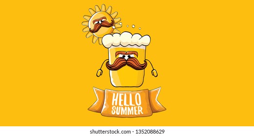 vector hello summer horizontal banner with cartoon funky beer glass character and summer sun isolated on orange background. Funny cartoon smiling friends