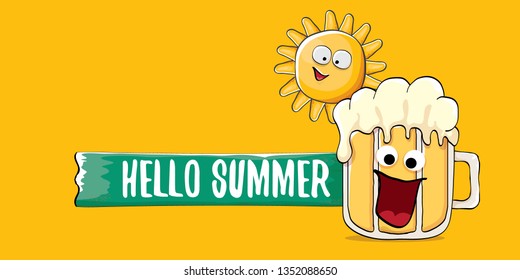vector hello summer horizontal banner with cartoon funky beer glass character and summer sun isolated on orange background. Funny cartoon smiling friends