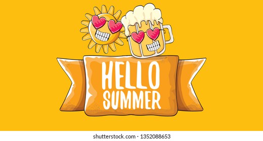 vector hello summer horizontal banner with cartoon funky beer glass character and summer sun isolated on orange background. Funny cartoon smiling friends