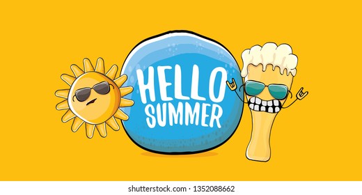 vector hello summer horizontal banner with cartoon funky beer glass character and summer sun isolated on orange background. Funny cartoon smiling friends