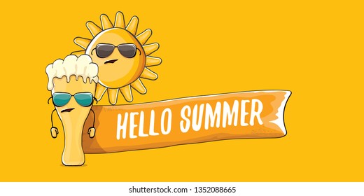 vector hello summer horizontal banner with cartoon funky beer glass character and summer sun isolated on orange background. Funny cartoon smiling friends