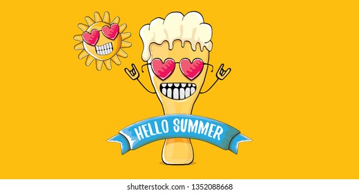 vector hello summer horizontal banner with cartoon funky beer glass character and summer sun isolated on orange background. Funny cartoon smiling friends
