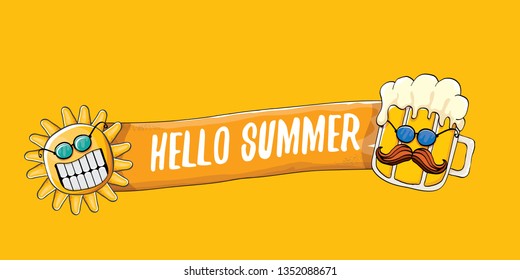 vector hello summer horizontal banner with cartoon funky beer glass character and summer sun isolated on orange background. Funny cartoon smiling friends