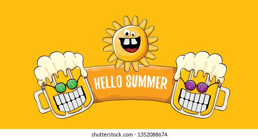 vector hello summer horizontal banner with cartoon funky beer glass character and summer sun isolated on orange background. Funny cartoon smiling friends