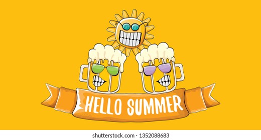 vector hello summer horizontal banner with cartoon funky beer glass character and summer sun isolated on orange background. Funny cartoon smiling friends