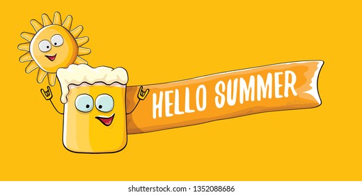 vector hello summer horizontal banner with cartoon funky beer glass character and summer sun isolated on orange background. Funny cartoon smiling friends