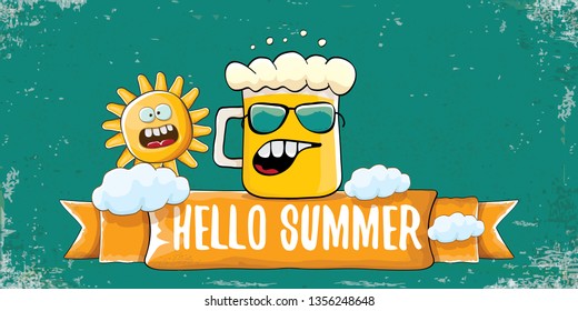 vector hello summer horizontal banner with cartoon funky beer glass character and summer sun on grunge background. Funny cartoon smiling friends 