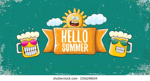 vector hello summer horizontal banner with cartoon funky beer glass character and summer sun on grunge background. Funny cartoon smiling friends 