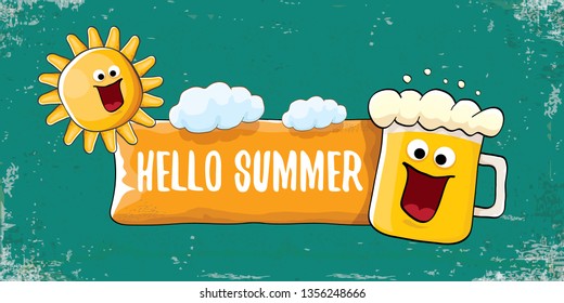 vector hello summer horizontal banner with cartoon funky beer glass character and summer sun on grunge background. Funny cartoon smiling friends 