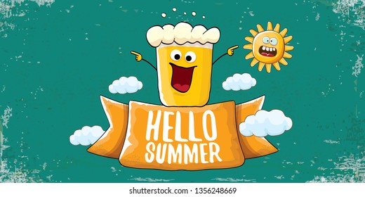 vector hello summer horizontal banner with cartoon funky beer glass character and summer sun on grunge background. Funny cartoon smiling friends 