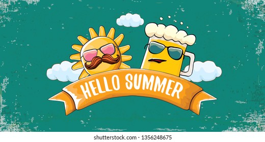 vector hello summer horizontal banner with cartoon funky beer glass character and summer sun on grunge background. Funny cartoon smiling friends 