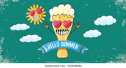 vector hello summer horizontal banner with cartoon funky beer glass character and summer sun on grunge background. Funny cartoon smiling friends 