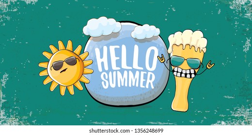 vector hello summer horizontal banner with cartoon funky beer glass character and summer sun on grunge background. Funny cartoon smiling friends 