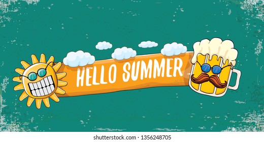 vector hello summer horizontal banner with cartoon funky beer glass character and summer sun on grunge background. Funny cartoon smiling friends 