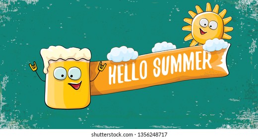 vector hello summer horizontal banner with cartoon funky beer glass character and summer sun on grunge background. Funny cartoon smiling friends 