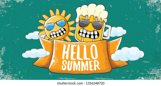 vector hello summer horizontal banner with cartoon funky beer glass character and summer sun on grunge background. Funny cartoon smiling friends 