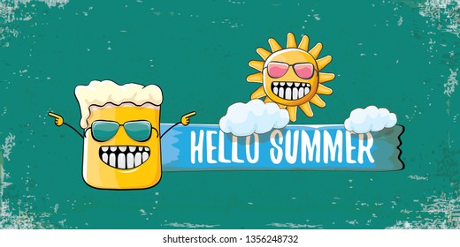 vector hello summer horizontal banner with cartoon funky beer glass character and summer sun on grunge background. Funny cartoon smiling friends 